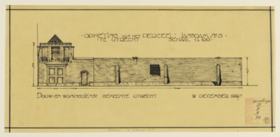 206843 Opstand van het stalgebouw en de aansluitende tuinmuur van het huis Jansdam 5 te Utrecht.